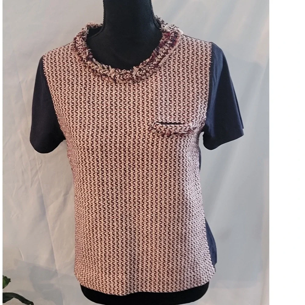J.Crew Womens Navy Blue Tweed Front Silk Blend Short Sleeve Top 05935 Size‎ M